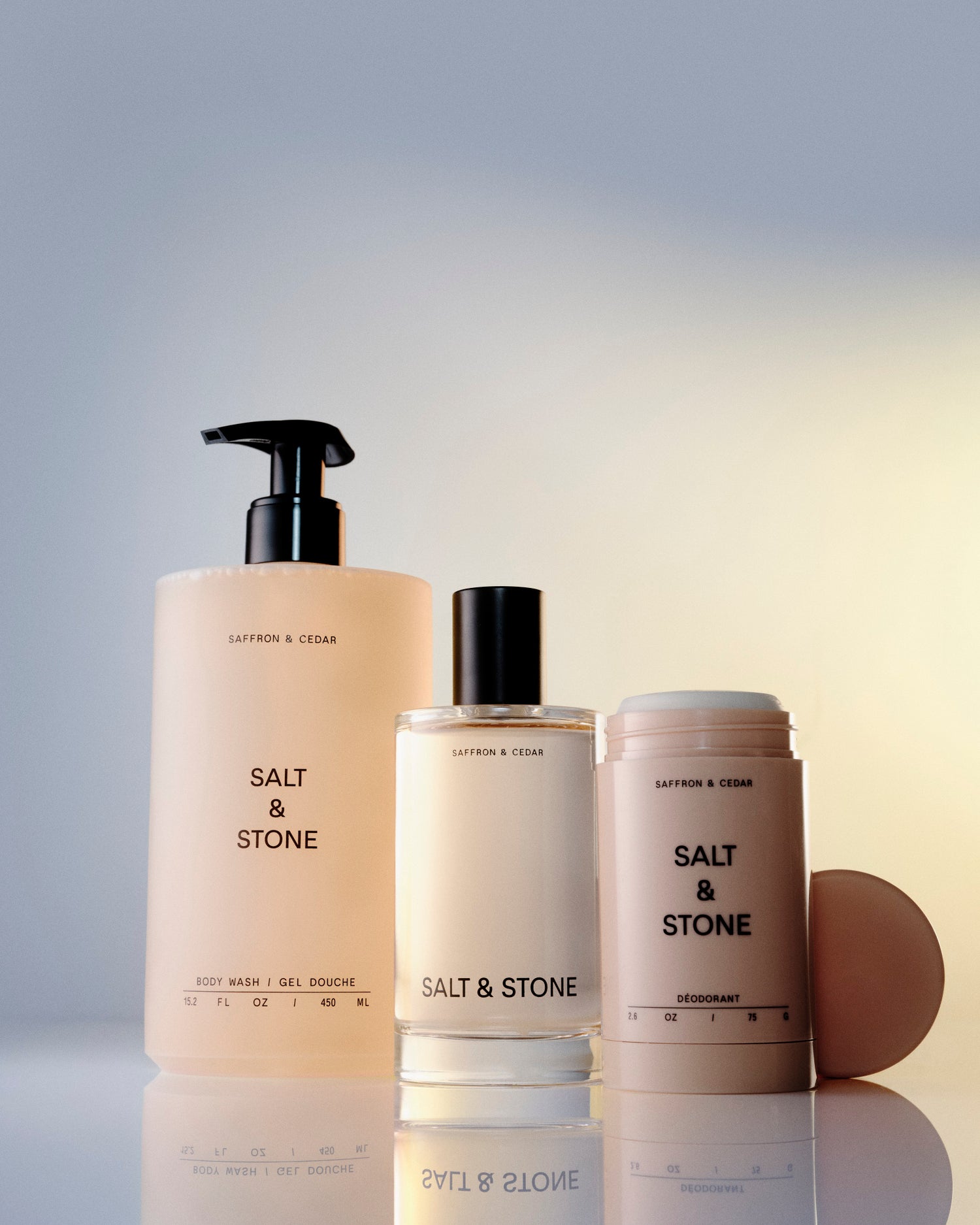 Salt&Stone rinkinys kūnui dezodorantas|dušo gelis|kūno dulksna Saffron&Cedar