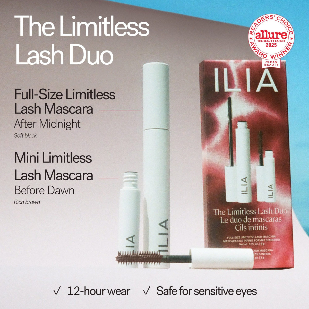 ILIA The Limitless Lash Duo rinkinio sudėtis – pilno dydžio juodas After Midnight ir mini rudas Before Dawn blakstienų tušas