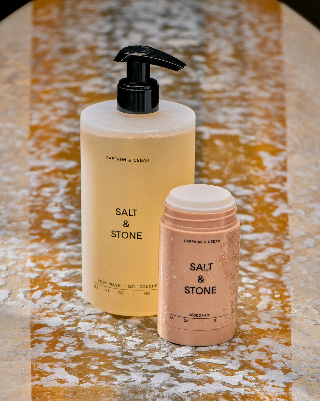Salt&Stone rinkinys kūnui dezodorantas | dušo gelis Saffron&Cedar