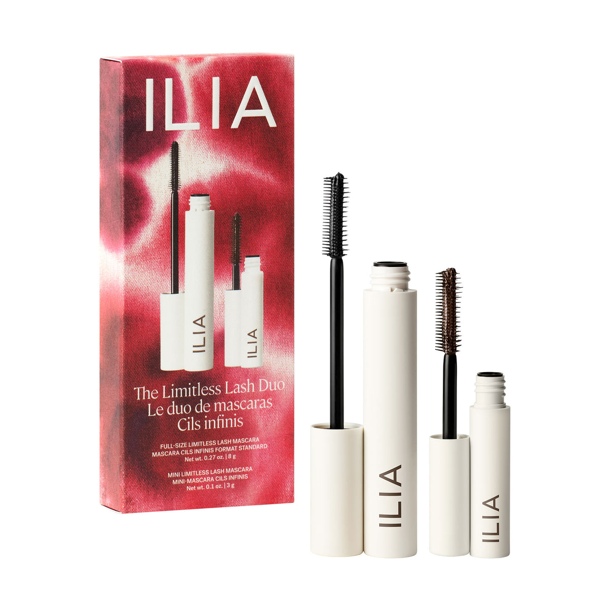 ILIA Limitless Lash Mascara tušų rinkinys su raudona dėžute – juodas After Midnight 8 g ir tamsiai rudas Before Dawn mini 4 g