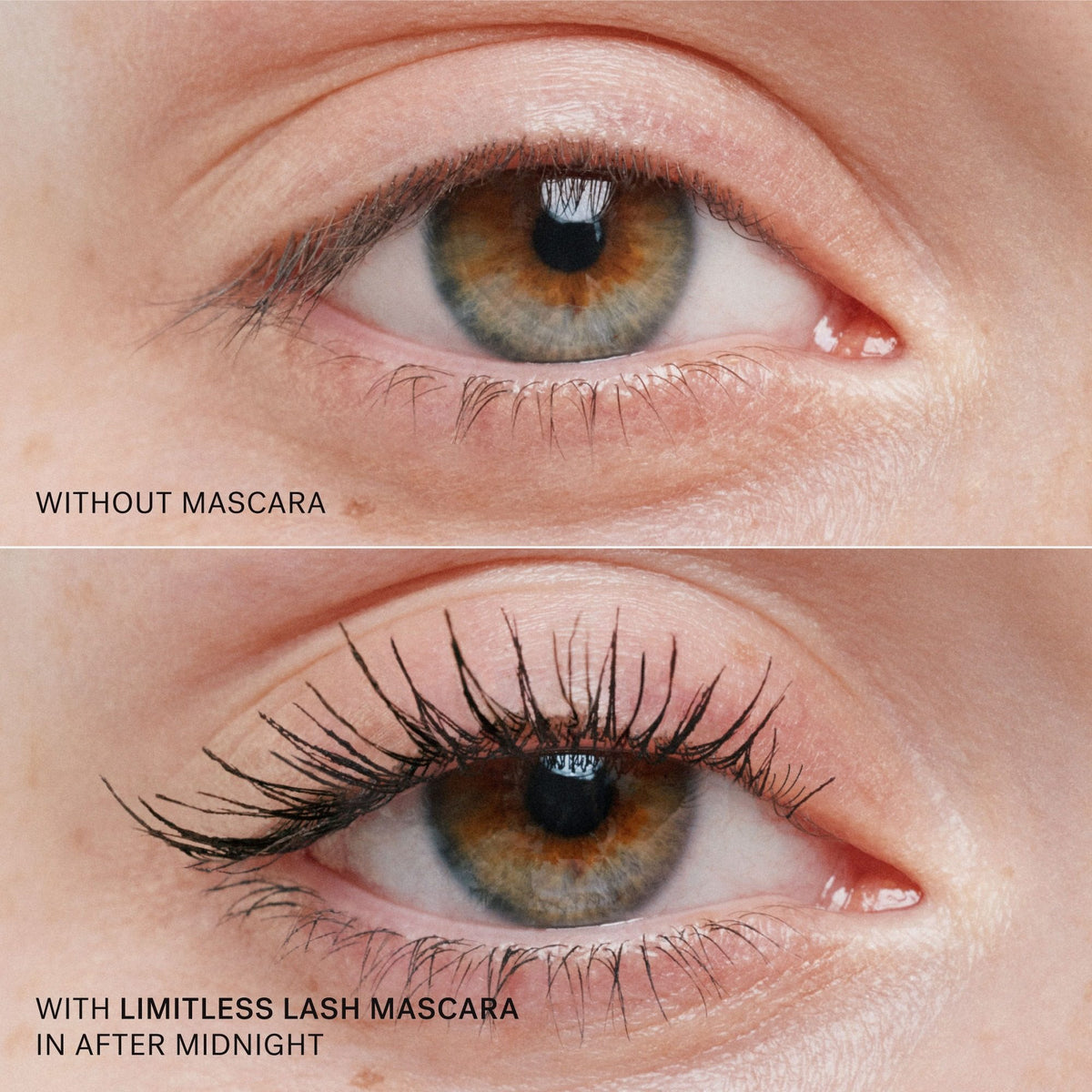 Blakstienos prieš ir po juodo ILIA Limitless Lash Mascara After Midnight tušo – paryškintos ir atskirtos blakstienos