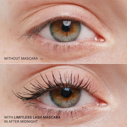 Blakstienos prieš ir po juodo ILIA Limitless Lash Mascara After Midnight tušo – paryškintos ir atskirtos blakstienos