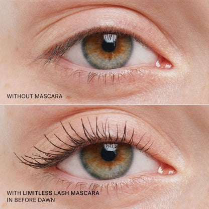 Blakstienos prieš ir po tamsiai rudo ILIA Limitless Lash Mascara Before Dawn tušo – natūraliai paryškintas žvilgsnis