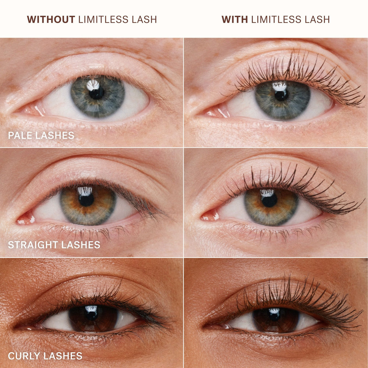 Blakstienos prieš ir po ILIA Limitless Lash Mascara tušo – šviesių, tiesių ir riestų blakstienų palyginimas