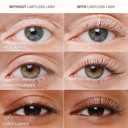 Blakstienos prieš ir po ILIA Limitless Lash Mascara tušo – šviesių, tiesių ir riestų blakstienų palyginimas