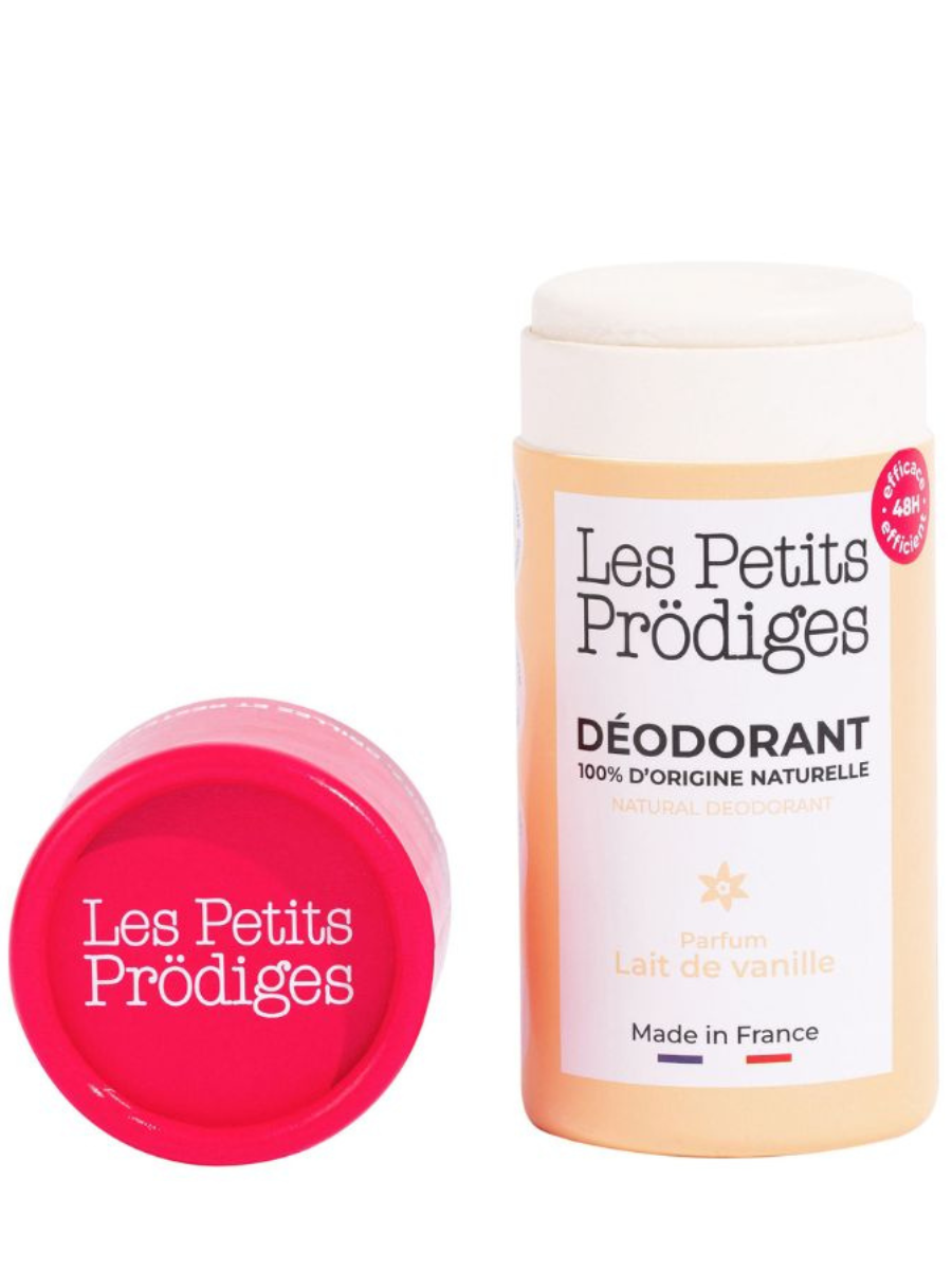 Atidarytas Les Petits Prodiges vanilinio pieno kvapo natūralus dezodorantas be aliuminio ir sodos, 40 g, su nuimtu dangteliu.
