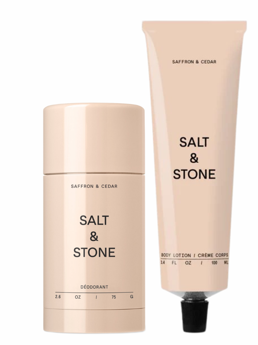Salt and stone rinkinys kūnui dezodorantas ir kūno losjonas kelioninio dydžio Saffron&Cedar kvapo