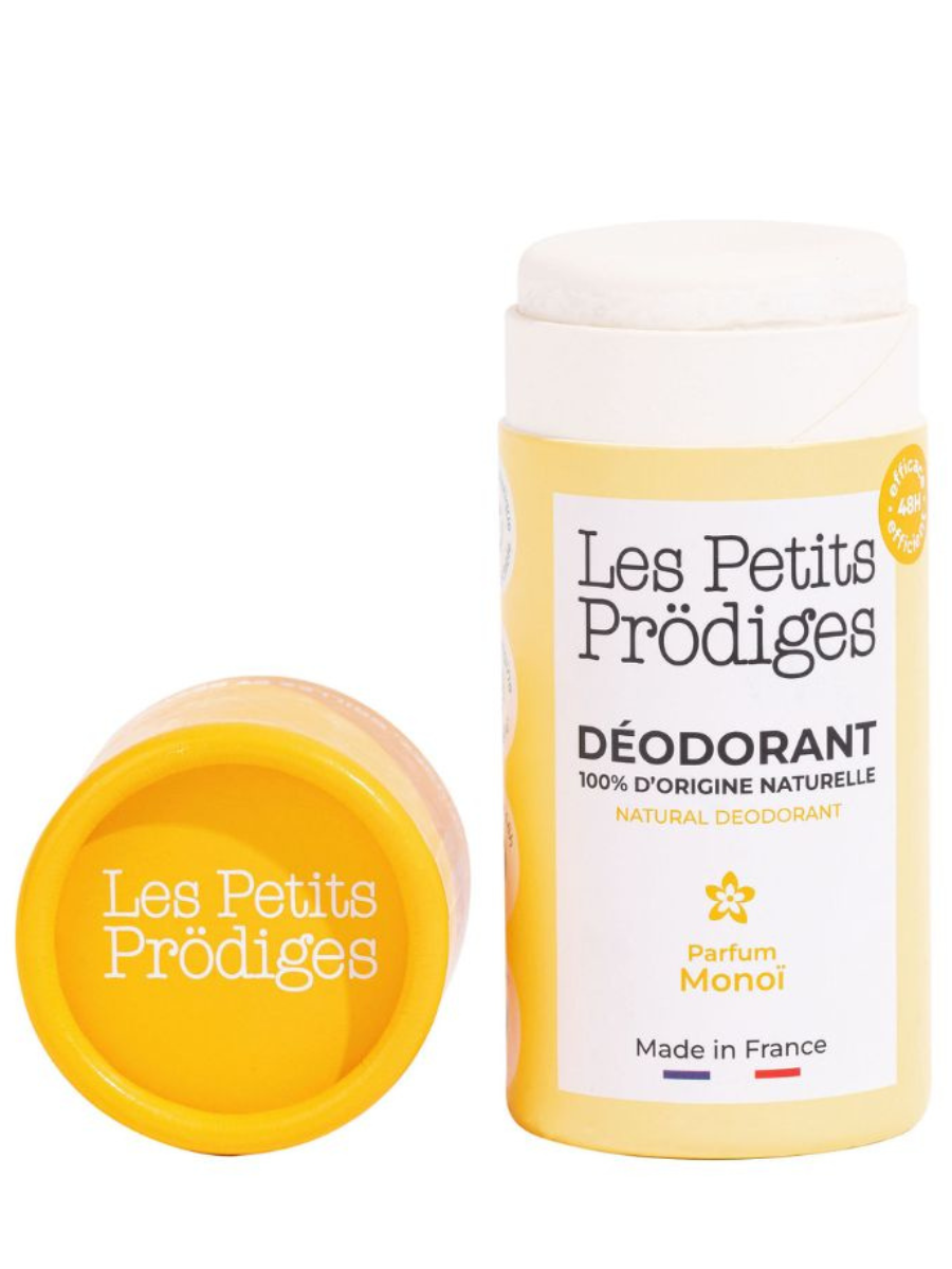 Atidarytas Les Petits Prodiges monoi kvapo natūralus dezodorantas be aliuminio ir sodos, 40 g, su nuimtu dangteliu.